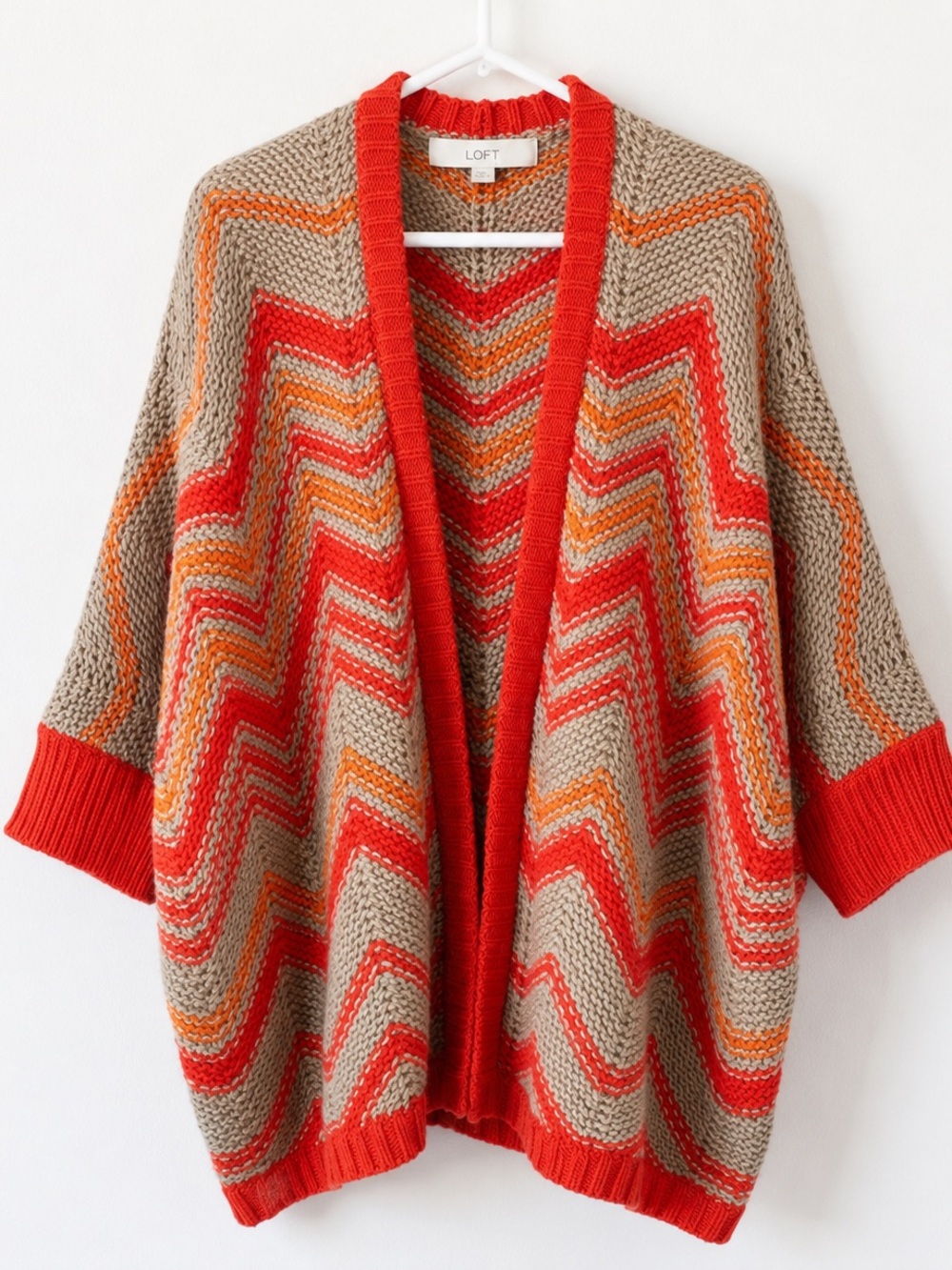 LOFT Orange & Beige Wool Blend Chevron Knit Cocoon Cardigan XS - Picture 5 of 10
